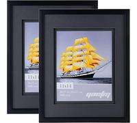 Yaetm 11x14 Double Floating Mat Picture Frame Set of 2, Display Picture 8x10 with Black Double Mat, Polished High Definition Real Glass, Wall Mounting Photo Frames, Black
