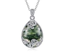 YAFEINI 925 Sterling Silver Moss Agate Necklace Filigree Teardrop Pendant Necklace Moss Agate Jewellery for Women Girls (O-Moss Agate Filigree Necklace)