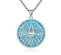 YAFEINI Aztec Mayan Calendar Necklace 925 Sterling Silver Abalone Shell/Turquoise/Obsidian Aztec Pendant Amulet Jewellery Gifts for Women Men (Turquoise)