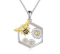YAFEINI Bee Necklace for Women Sterling Silver Honeycomb Bee Pendant Necklace with Daisy Bee Jewellery Gifts for Girls (Bee Necklace)