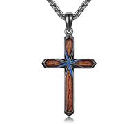 YAFEINI Black Cross Necklace Sterling Silver Cross Necklace Wood Grain Crucifix Christian Jewellery Catholic Gifts for Men