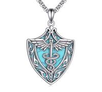 YAFEINI Caduceus Necklace 925 Sterling Silver Shield Staff Angel Wings Pendant Talisman Nurse's Day Christmas Gifts for Nurses
