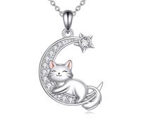 YAFEINI Cat Necklace for Women 925 Sterlings Silver Moon Cat Pendant Necklace with Zircon Jewellery Gifts for Teens Daughter