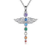 YAFEINI Chakra Necklace for Women Guardian Angel Wing Necklace Sterling Silver Healing Balancing 7 Chakra Pendant Jewellery for Girl