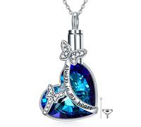 YAFEINI Cremation Jewellery Crystal Butterfly Urn Necklace for Ashes 925 Sterling Silver You Are Always In My Heart Remembrance Condolence Gift For Loss Memorial Human Female Ash Holder Necklace