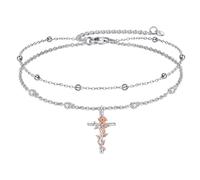 YAFEINI Cross Ankle Bracelets for Women 925 Sterling Silver Adjustable Layered Foot Chains Layered Ankle Bracelet Rose Cross Jewelry Gifts for Women