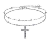 YAFEINI Cross Ankle Bracelets Sterling Silver Religius Double Chain Anklets Abalone Christian Baptism Layered Anklet Jewellery Gifts for Women