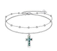 YAFEINI Cross Ankle Bracelets Sterling Silver Religius Double Chain Anklets Christian Baptism Layered Anklet Jewellery Gifts for Women Girls