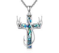 YAFEINI Cross Fish Hook Necklace 925 Sterling Silver Abalone Shell Pendant Deer Antler Cross Jewellery for Women Men