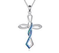 YAFEINI Cross Necklace for Women Sterling Silver Infinity Cross Pendant Blue Opal Crucifix Infinity Jewellery Gifts Birthday Christmas for Mom Girls (Blue Opal)
