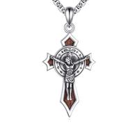 YAFEINI Crucifix Cross Necklace 925 Sterling Silver Jesus Sword Pendant Wood Inlay Religious Christian Jewelry Gift for Women Men