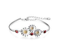 YAFEINI Daisy Flower Series Bracelet Sterling Silver Bangle Gift For Women with Blue Cubic Zirconia Set Adjustable Charm, Jewellery Box Packaging (Red bracelet)