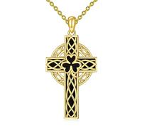 YAFEINI Gold Plated Cross Necklace for Women Girls Sterling Silver Black Onyx Irish Celtic Witch Knot Clover Cross Pendant Necklace Jewellery Gifts