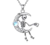 YAFEINI Gothic Skeleton Necklace 925 Sterling Silver Moonstone Skeleton Moon Pendant Necklace Skull Gothic Jewellery Gifts for Women