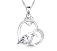 YAFEINI Heart Cross Necklace Cross April Birthstone Necklace Christian Religious Jewelry Birthday Gifts for Women Wife Mom