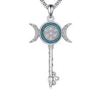 YAFEINI Hecate Necklace 925 Sterling Silver Triple Moon Goddess Necklace Wheel of Hecate Key Turquoise Pendant Wiccan Amulet Jewellery Gifts for Women Men