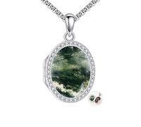 YAFEINI Locket Necklace Sterling Silver Moss Agate Locket Photo Necklace Moss Agate Jewelry Memorial Gifts for Women Mom Wife