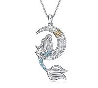 YAFEINI Mermaid Necklace for Women 925 Sterling Silver Mermaid Pendant Necklace with Blue Crystal Moon Mermaid Jewellery Gifts for Girls