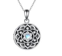 YAFEINI Moonstone Lotus Locket Necklace Sterling Silver Lotus Flower Locket Necklace That Holds Pictures Yoga Locket Pendant Mother's Day Gifts for Women Wife Mom
