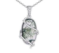 YAFEINI Moss Agate Necklace Sterling Silver Gemstone Pendant Natural Moss Agate Jewellery Gifts for Women Mum