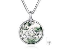 YAFEINI Moss Agate Urn Necklace 925 Sterling Silver Moss Agate Pendant Mountain Cremation Urn Necklace Memory Jewelry Gifts for Women for Nature Lovers Campers