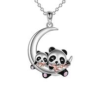 YAFEINI Panda Necklace for Women Girls Sterling Silver Panda Pendant Necklace Moon Double Pandas Jewellery Gift for Mum Daughter
