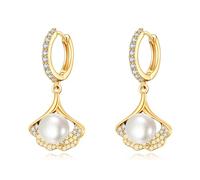 YAFEINI Pearl Earrings for Women 925 Sterling Silver Yellow Gold Dangle Drop Earrings 5A Cubic Zirconia Pearl Drop Earrings Pearl Size 6mm