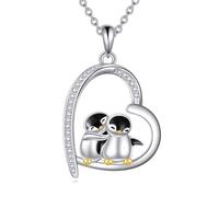 YAFEINI Penguins/Bat/Cat/Unicorn/Mushroom/Ballet Dancer/Ducks/Goats/Monkey/Ladybird Necklace Sterling Silver Penguins Gifts Cute Animal Heart Pendant Jewellery for Women, 18+2