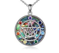YAFEINI Pentagram Pentacle Necklace 925 Sterling Silver 7 Chakra Pendant Wiccan Star Crescent Moon Necklaces Jewellery Gifts for Women