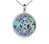 YAFEINI Pentagram Triple Moon Goddess Necklace Sterling Silver Abalone Shell Celtic Pentacle Pendant Necklace Wiccan Pagan Jewelry for Women Men