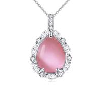 YAFEINI Pink Opal Necklace for Women 925 Sterling Silver Cubic Zirconia Pendant Teardrop Pink Cat Eye Jewellery Gift for Girls