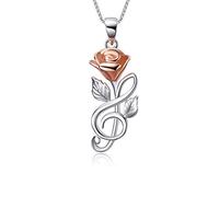 YAFEINI Rose Flower Necklace 925 Sterling Silver Musical Note Pendant Necklace 14K Rose Gold Plated I Love You Forever Jewellery Gifts for Women Her