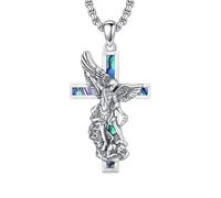 YAFEINI Saint Michael Necklace for Men Sterling Silver St Michael Pendant Abalone Cross Necklace Religious Amulet Catholic Jewellery Gifts for Men