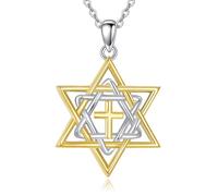 YAFEINI Star Of David Necklace 925 Sterling Silver 18K Gold Plated Cross Star Of David Pendant Necklace Jewish Jewelry Gifts For Women Men