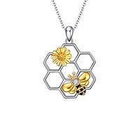 YAFEINI Sterling Silver Honeycomb Bumble Bee Necklace - Geometric Honey Bee Pendant with Sunflower Design - Women's & Girls' Jewellery Gifts