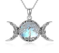 YAFEINI Wiccan Moon Necklace Sterling Silver Triple Moon Goddess Tree of Life Moonstone Pendant Necklace Pagan Protection Jewelry for Women