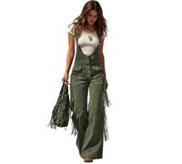 YAFINMO Jumpsuits for Women Suede Fringe Western Outfits Wide Leg Suede Overall Adjustable Straps Cargo Overalls with Pockets, Green, L