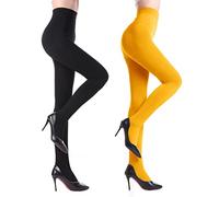 YAGAXI Fleece Lined Opaque Tights for Women - 2 Pairs 100D Warm Winter Pantyhose with Control Top（Mustard Yellow,L）