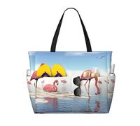 yagDAA Flock Of Pink Flamingos On The Beach Print Beach Bag Large Tote Bag With Multiple Pockets Pool Travel Vocation Beach Bags For Women