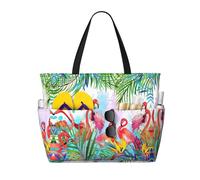 yagDAA Painted Flamingo Print Beach Bag Large Tote Bag With Multiple Pockets Pool Travel Vocation Beach Bags For Women