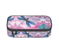 yagDAA Pink Flower and Blue Dragonfly Print Oxford Cloth Pencil Case Large Capacity Pencil Pouch Box Bag for College Work Travel