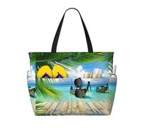 yagDAA Seaside Boat Coconut Leaves Print Beach Bag Large Tote Bag With Multiple Pockets Pool Travel Vocation Beach Bags For Women