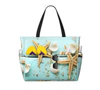 yagDAA Starfish Shell Blue Wood On Beach Scenery Print Beach Bag Large Tote Bag With Multiple Pockets Pool Travel Vocation Beach Bags For Women