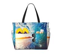 yagDAA Sunset Sea Surfing Seascape Print Beach Bag Large Tote Bag With Multiple Pockets Pool Travel Vocation Beach Bags For Women