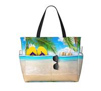yagDAA Tropical Beach Plant Theme Print Beach Bag Large Tote Bag With Multiple Pockets Pool Travel Vocation Beach Bags For Women