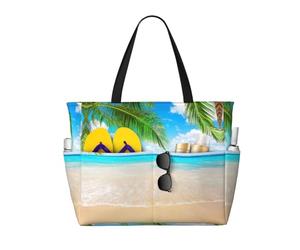 yagDAA Tropical Beach Plant Theme Print Beach Bag Large Tote Bag With Multiple Pockets Pool Travel Vocation Beach Bags For Women