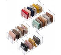 YAGELI Clear Acrylic Purse Organizer for Closet, 3-4 Section Desk File Sorter, 2.95" Wide Slots for Clutches, Handbags, Binders & Folders, Sturdy Stackable Bookshelf Organizer, 4-Pack (4 Sections)