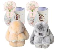 Yagerod Bunny Keychain with Tin Box, 2Pack Soft Plush Rabbit Key Ring, Cute Pompom Charm for Backpack, Handbag Ornaments (Style7)