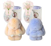 Yagerod Bunny Keychain with Tin Box, 2Pack Soft Plush Rabbit Key Ring, Cute Pompom Charm for Backpack, Handbag Ornaments (Style15)