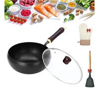 Yagerod Suntuup Japanese Iron Pan with Wooden Lid, 24/28cm Handforged Uncoated Iron Pan, Natural Non Stick IronPot, Evenly Conducts Heat, Easy to Maintain, for Beginners (Glass lid, 24cm)